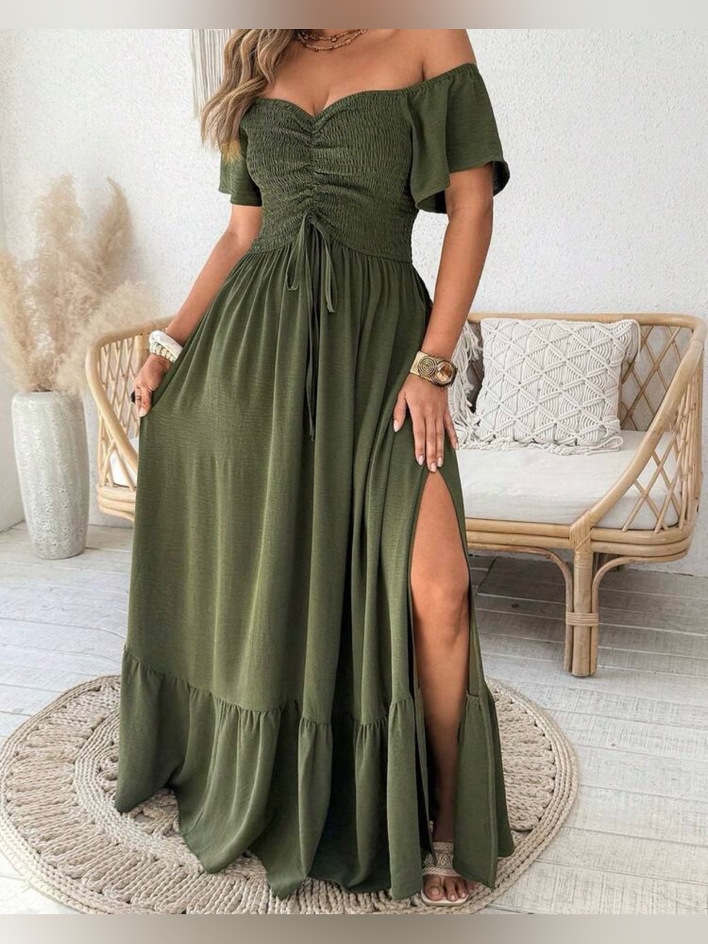 Off-Shoulder Olive Green Maxi Dress with Side Slit